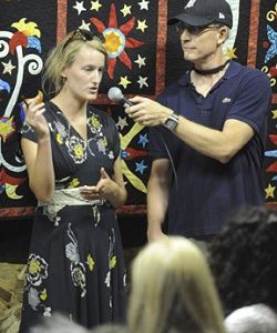 Phoebe Webb from Omak answers questions from the audience and festival co-founder Geoff Klein about her short film "You Might Need it Someday" which was shown at Esther Bricques Winery on Saturday. Photo by Gary DeVon