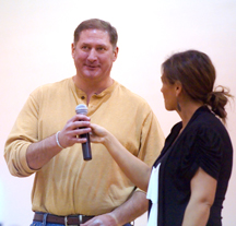 Veterans Service Officer Shane Barton answers questions about his military career at the Tonasket Middle School Veterans Day assembly on Nov. 10. Photo by Brent Baker