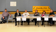Members of the Oroville School Board and district staff joined Oroville Parent-Teacher Organization President Rich Scott at a Town Hall meeting to discuss issues involving the district on the evening of Wednesday, Jan. 11. Present were (L-R) Scott, Superi