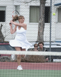 Tonasket's Michelle Timmerman backhands a return during Thursday's match with Oroville.