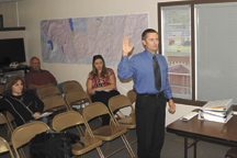 Todd Hill takes the oath of office for the Oroville School Board. Hill was selected to fill the spot vacated by Christina Rise, who resigned her position after moving from her region of the district into another from which she wasn't elected. Photo by Gar