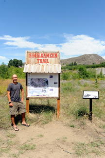 2727a Brian Tanzman at the Similkameen Trailhead in Oroville. Tanzman is hiking the 1200 mile Pacific Northwest National Scenic Trail and Oroville is the halfway point. He spent a few days resting up at the Camaray Motel before continuing his journey up the Sim