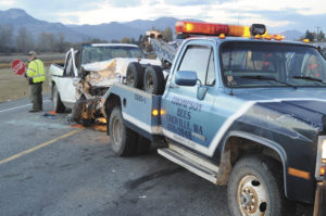 The other vehicle in the collision on SR97 was this 1992 Chevrolet pickup that had four people, including two children, in it. All went to North Valley Hospital in Tonasket, but the four-year-old was later airlifted to Sacred Heart Medical Center in Spokane.
