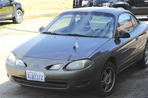 A number "1" marks the hood of a car where a brown stain was found.
