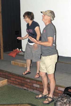 Filmmakers and film festival co-founders Mo Fine and Geoff Klein talk about the  films  about to be shown at Vicki’s Back Door. Gary DeVon/staff photo