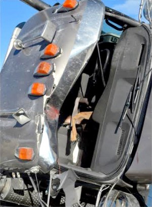 One of the legs from the deer that flew through the windshield of the Kenworth could be seen in  the cab of the truck. Katie Teachout/staff photos