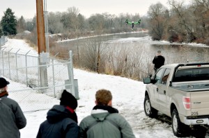 A crew from Rugged Justice uses a drone to film shots of the Similkameen River, the town of Oroville, locations where the three cougar kittens were found and Sgt. Dan Christensen with WDFW.