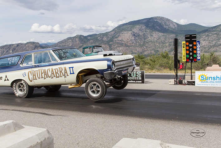 Don Hodges/submitted photo Pat McGinnis (Nelson, BC) and Wade Lahaise (Ladysmith, BC) get the green light at Richter Pass Motorplex in Osoyoos, BC. These two were part of the Nostalgia Gasser special event.