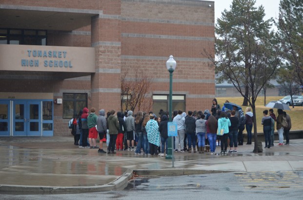 A small group of high school and middle school students walked out of school at 10 a.m. this morning (March 14) in a show of support for students killed one month ago in Parkland, Florida. After hearing a student speak for about five minutes, students observed 17 minutes of silence for the 17 students who lost their lives. The school campus was kept free of visitors during the student walkout, with Mike Larson directing any incoming traffic. Tonasket Police Officer Travis West was also standing by, along with Superintendent Steve McCullough.  