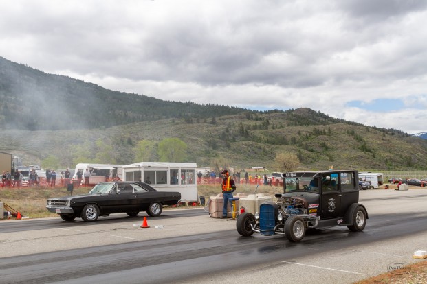 Dan Hodson/submitted photo Enderby's Jordan Almaas lines his 1969 Dodge Dart up against Robin Reding and his 1927 Model T for the Pro Bracket final at last weekend's drag race.