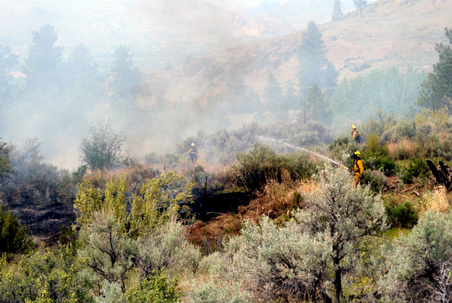 Gary DeVon/staff photos Fire crews from the DNR and the Mt. Hull, Oroville and Tonasket fire departments put out flare ups while a dozer was called in to carve out a dozer line last Sunday.