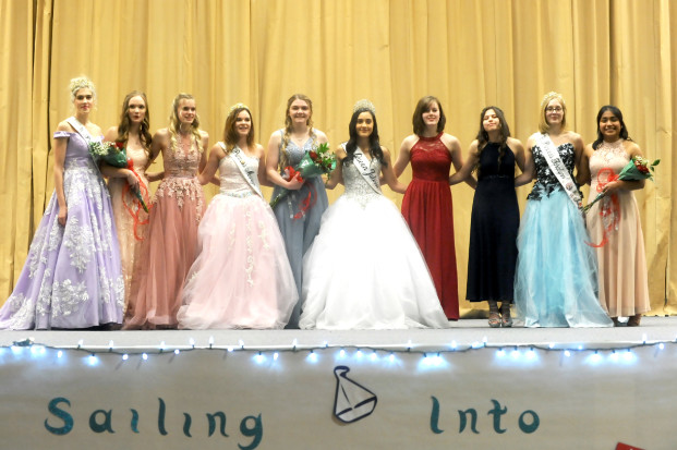 Gary DeVon/staff photos The 2019 May Festival Royalty with the six 2019 royalty candidates (l-r) Princess Gwen Hankins, Princess Emily Bocock, Maddie Martin, Princess Mariah Mathis, Queen Emily Rawley, Queen Julissa Alvarez, Melinda Clark, Casey Todd, Princess Taralynn Fox and Princes Victoria Castrejon.