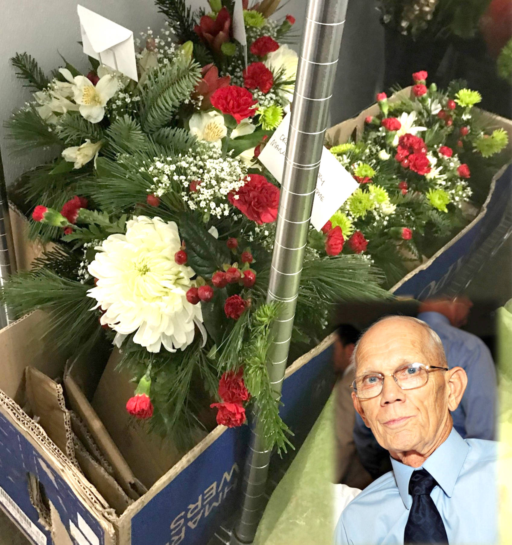 Submitted photo
A photo of the late Col. Richard Platt, with some of the flower arrangements that were purchased with a memorial donation from his family. The arrangements will be delivered to residents of North Valley Extended Care and Orchard Country Manor Adult Care as part of the Oroville Chamber of Commerce’s Operation Joy.