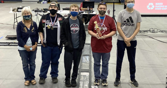 Submitted photo
Oroville Robotic’s Team Coach Laara Peters-Kessler, winner of the Team Mentor Genius Award and Outstanding Roboteer winner Odin Finsen with teammates and fellow champions Michael Oaks, Tyler Charnholm and Trevor Miller.