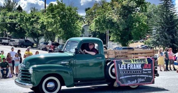 Stacey Kester/submitted photo
Dave Kester, owner of Lee Frank Mercantile, drove Old Joe, a 1950 Chevy pickup truck, with with banners on the side, to celebrate the 100th year anniversary of the store, during Tonasket’s Founders Day Weekend.