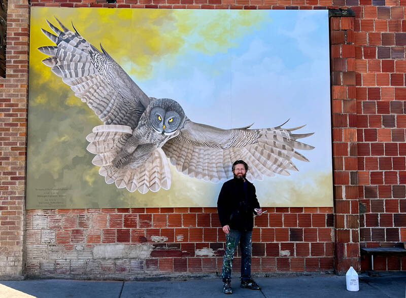 Jen Weddle/submitted photo
Muralist Andy Eccleshall of the Mural Works, Inc. used his talents to create this vision of a Great Gray Owl in flight on the Iron Grill Restuarant. The painting is based on a photograph that Paul Bannick, author of Owl: A Year in the Lives of North American Owls took. This is the second nature-based mural that the Okanogan Highlands Alliance has brought to Tonasket.