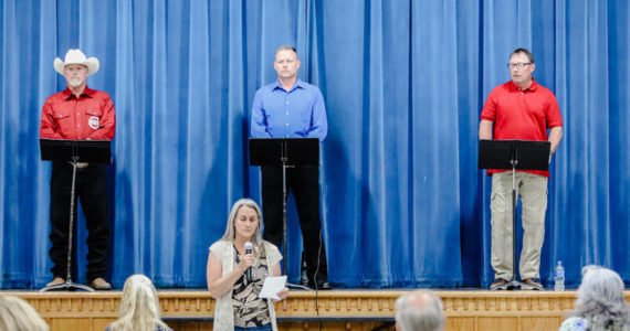 Laura Knowlton/staff photos
An Okanogan County Sheriff’s Candidate Forum was hosted at Tonasket High School on Monday, July 18 by by Turning Point USA The Highlands Activism HUB and held at the Tonasket High School commons on Monday, July18. Candidates who were on hand to answer questions were, l-r, Pual Budrow, Tony Hawley and Kevin Newport.