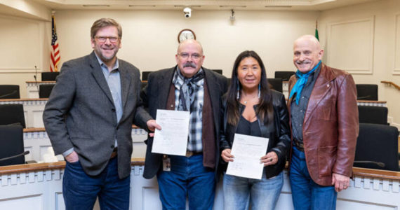 Reps. Mike Chapman, Tom Dent, Debra Lekanoff and Joel Kretz sign legislation, Feb. 17, 2023. <em>Submitted photo</em>