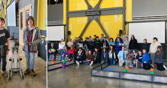 Submitted photos
Jaxon Darley and Elias DeFord, left, with the robot they used to help lead the Oroville MS/HS Robotics team to a second place finish at the CWU MET Robotics Tourney held at Ellensburg on Saturday, Feb. 25. Right, Eight college teams participated, as well as teams from Oroville and Manson at the Central Washington University’s MET Robotics Tournament in Ellensburg.