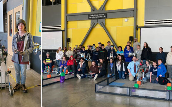 Submitted photos
Jaxon Darley and Elias DeFord, left, with the robot they used to help lead the Oroville MS/HS Robotics team to a second place finish at the CWU MET Robotics Tourney held at Ellensburg on Saturday, Feb. 25. Right, Eight college teams participated, as well as teams from Oroville and Manson at the Central Washington University’s MET Robotics Tournament in Ellensburg.