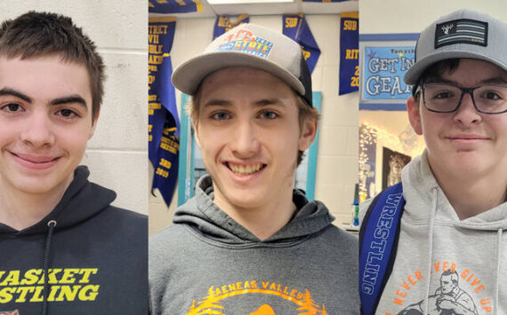 The three wrestlers going to Iowa to compete in the Folkstyle Nationals are, l-r, Casen Clark, Logan Stucker and Tace Plank. <em>Photos by Kristi Denison. </em>