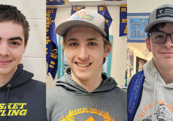The three wrestlers going to Iowa to compete in the Folkstyle Nationals are, l-r, Casen Clark, Logan Stucker and Tace Plank. <em>Photos by Kristi Denison. </em>