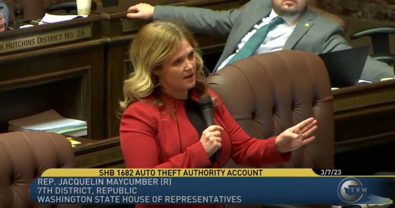 Rep. Jacquelin Maycumber discusses SHB 1682 that would direct more funding to local law enforcement efforts to combat auto theft.