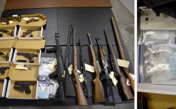 More than 1000 fentanyl-laced pills and 25 weapons, as well as stolen property were seized after a warrant was executed at a residence on Jennings Loop Road, Oroville. The bust resulted in the arrest of two men on drug delivery and other charges. <sub>NCWNTF photo</sub>