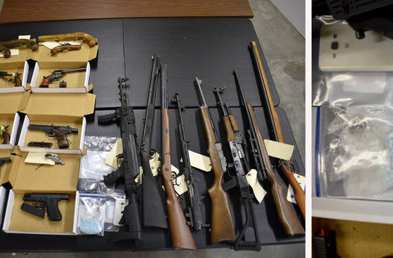 More than 1000 fentanyl-laced pills and 25 weapons, as well as stolen property were seized after a warrant was executed at a residence on Jennings Loop Road, Oroville. The bust resulted in the arrest of two men on drug delivery and other charges. <sub>NCWNTF photo</sub>