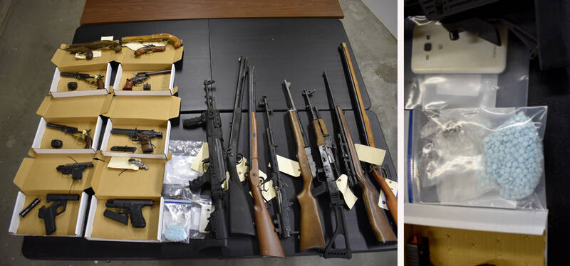 More than 1000 fentanyl-laced pills and 25 weapons, as well as stolen property were seized after a warrant was executed at a residence on Jennings Loop Road, Oroville. The bust resulted in the arrest of two men on drug delivery and other charges. <sub>NCWNTF photo</sub>