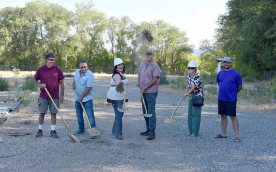 Okanogan County Commissioner Jon Neal, Oroville Mayor Ed Naillon, OHA Executive Director Ashley Range and OHA Commissioners Gary DeVon, Susan Speiker and Ben Peterson, turn the first shovels of dirt at the future site of the Oroville Orchard Apartments. <em>Submitte photo</em>