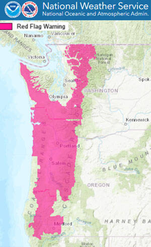 Red Flag Warnings, indicating critical fire weather conditions, have been issued for the Pacific Northwest. NWS illustration