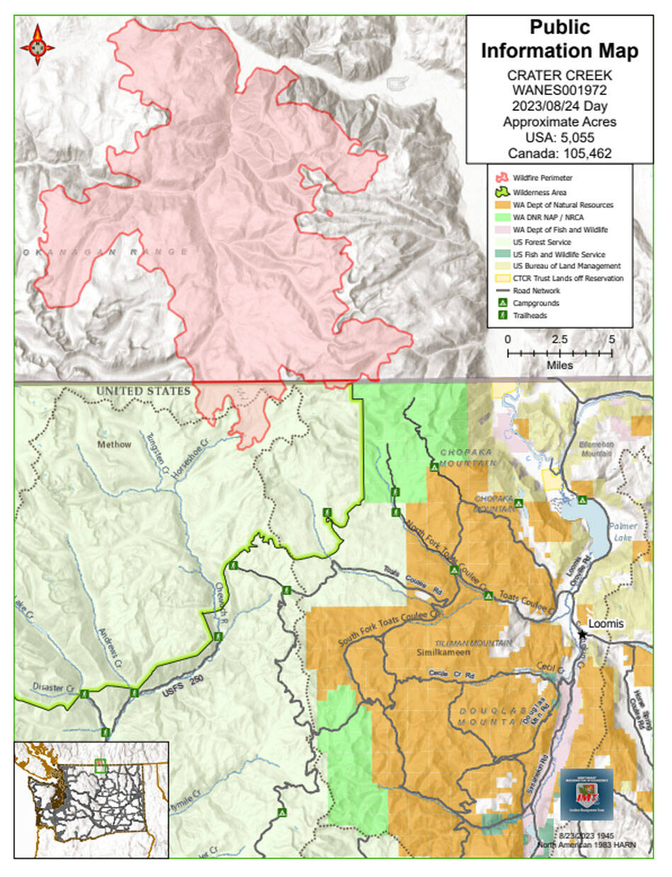 The Crater Complex includes the Crater Mountain Fire and the Upper Park Rill Fire in Canada. The fire, which is also burning on the U.S. side of the border is called the Crater Creek Fire.