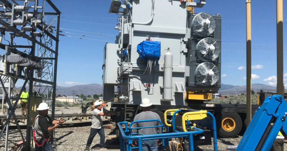 Okanogan County PUD began replacing old power transformers in substations throughout the county by removing an old transformer and replacing it with a new one in 2022. OKPUD/GT File Photo