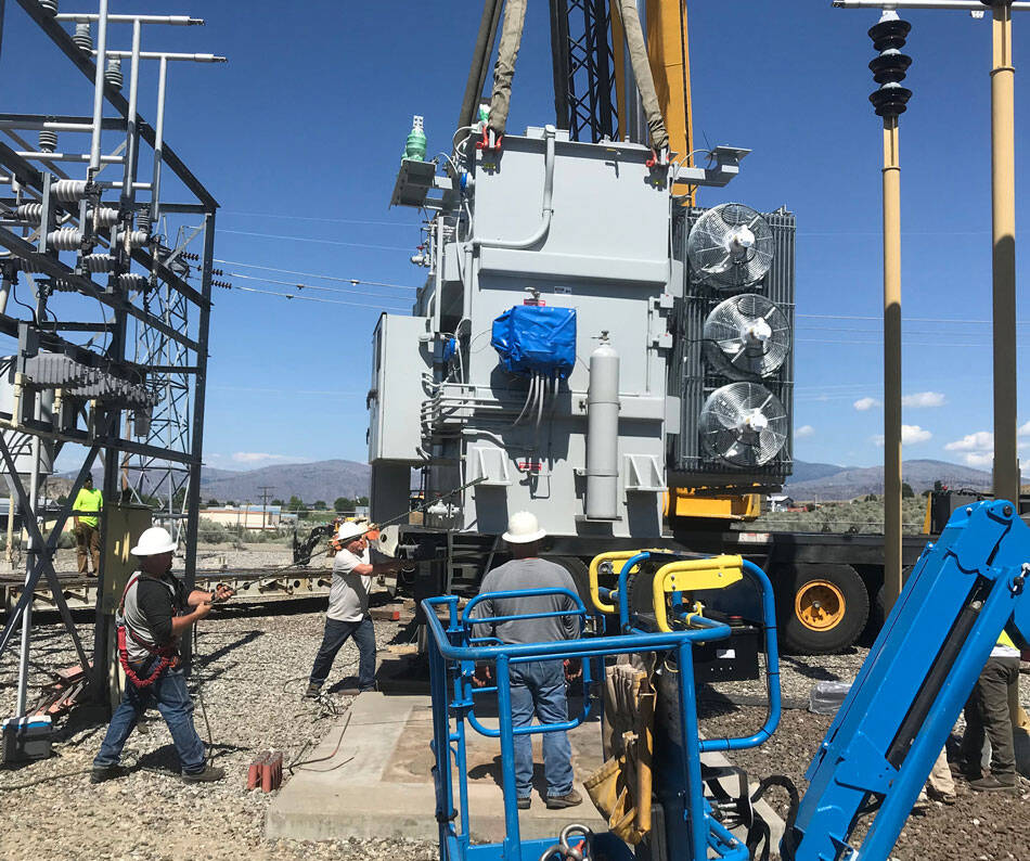 Okanogan County PUD began replacing old power transformers in substations throughout the county by removing an old transformer and replacing it with a new one in 2022. OKPUD/GT File Photo