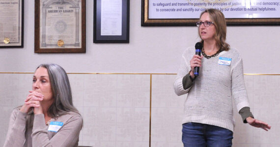 Stephanie Steinman and Tina Holman at the candidates’ forum held at the Oroivlle American Legion Hall. The two were given a chance to introduce themselves, then answer questions from the audiance and then give a closing statement. The event was hosted by the Oroville Chamber of Commerce and the Gazette-Tribune. <em>Gary DeVon/staff photo</em>