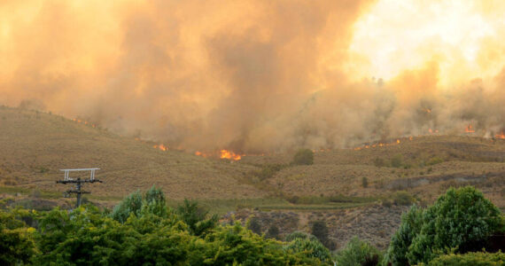 The Eagle Bluff Fire burns along the ridgeline west of Oroville after traveling three miles from Blue Lake Road, as seen from the Oroville Post Office. The fire, which took place in late July, eventually crossed the border into Canada.
<em>Gary DeVon/GT File Photo</em>