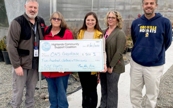 Pictured, l-r, Marcus Alden, Chairperson of the HCSC; Laura Robinson, HCSC Treasurer; Ali Covey, OHS SAE CTE Instructor; Linda Achondo, OHS Principal and Jeff Hardesty, Oroville School District Superintendent. Submitted photo