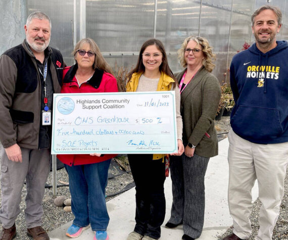 Pictured, l-r, Marcus Alden, Chairperson of the HCSC; Laura Robinson, HCSC Treasurer; Ali Covey, OHS SAE CTE Instructor; Linda Achondo, OHS Principal and Jeff Hardesty, Oroville School District Superintendent. Submitted photo
