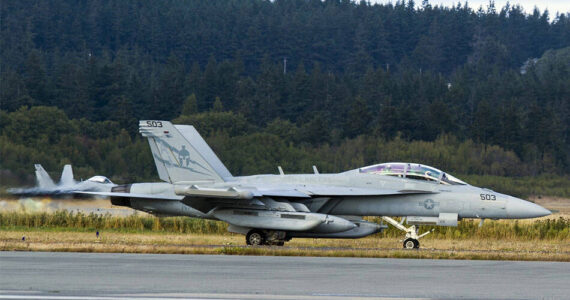 An EA-18G Growler taxis down the airstrip on Naval Air Station Whidbey Island during the squadron’s welcome home ceremony in August 2017. (U.S. Navy photo by Mass Communication Specialist 2nd Class Scott Wood/Contributed photo)