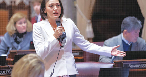 Sen. Yasmin Trudeau, D-Tacoma, prime sponsor of SB 6009, addresses the Senate. A bill banning the use of hogtying by the police was approved by the Senate. Photo courtesy of Senate Democrats. WNPA photo