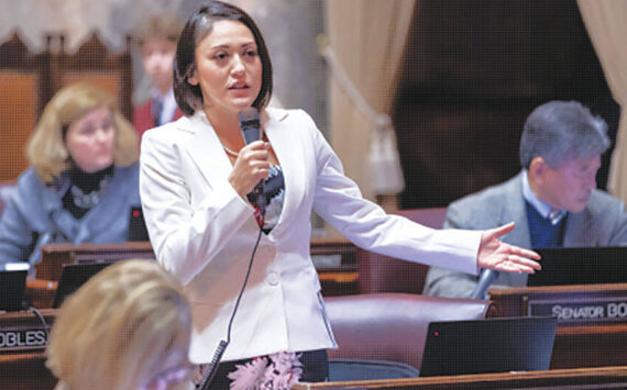 Sen. Yasmin Trudeau, D-Tacoma, prime sponsor of SB 6009, addresses the Senate. A bill banning the use of hogtying by the police was approved by the Senate. Photo courtesy of Senate Democrats. WNPA photo