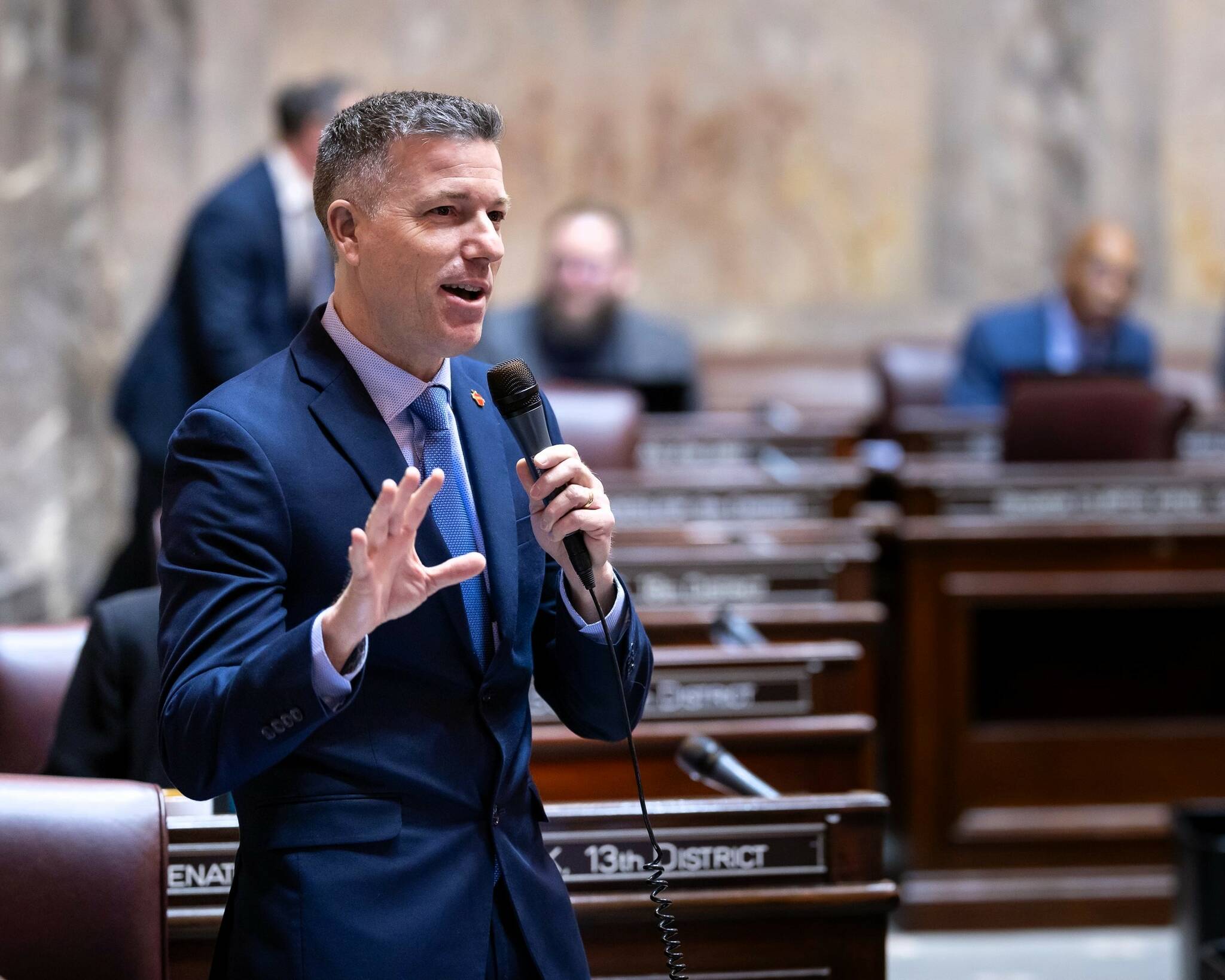 Photo courtesy of Eric LaFontaine
Sen. Brad Hawkins during his floor speach on his bill to increase access to Running Start.