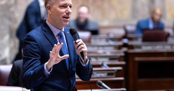 Sen. Brad Hawkins during his floor speach on his bill to increase access to Running Start. (Photo courtesy of Eric LaFontaine)