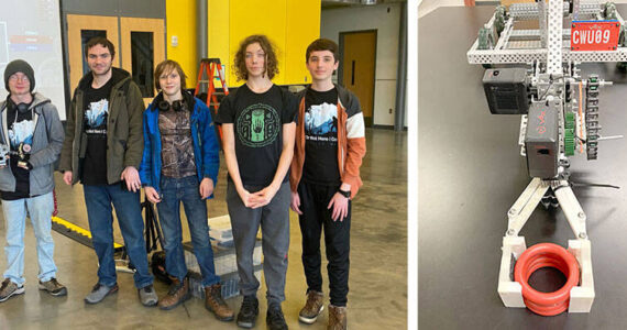 The Oroville MS/HS Robotics Team, l to r, Elias DeFord, Mathias Hamilton, Johnny Hamilton, Joseph Cox and Jaxon Darley. The robot manipulator designed and 3D printed by OHS Sophomore DeFord. Submitted photos