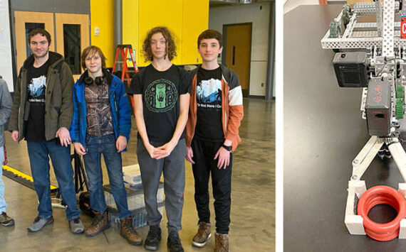 The Oroville MS/HS Robotics Team, l to r, Elias DeFord, Mathias Hamilton, Johnny Hamilton, Joseph Cox and Jaxon Darley. The robot manipulator designed and 3D printed by OHS Sophomore DeFord. Submitted photos