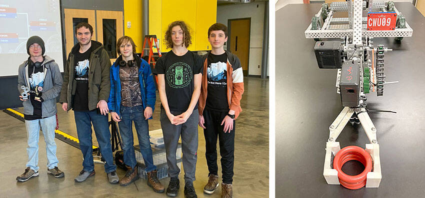 The Oroville MS/HS Robotics Team, l to r, Elias DeFord, Mathias Hamilton, Johnny Hamilton, Joseph Cox and Jaxon Darley. The robot manipulator designed and 3D printed by OHS Sophomore DeFord. Submitted photos
