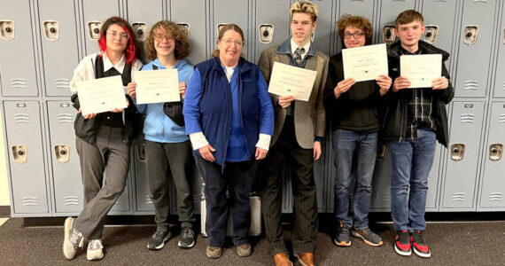 The Tonasket Tigers Knowledge Bowl Team, l-r, Ray Rodriguez, Ash Lacey, coach Susan McCue, Xen Fardys and Kai Duarte,  Submitted photo