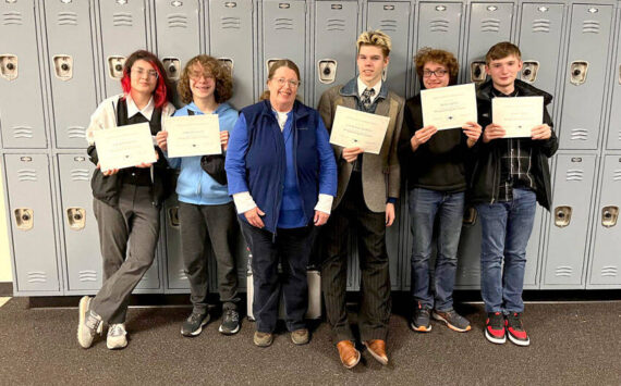 The Tonasket Tigers Knowledge Bowl Team, l-r, Ray Rodriguez, Ash Lacey, coach Susan McCue, Xen Fardys and Kai Duarte,  Submitted photo