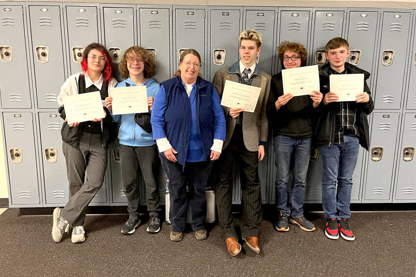 The Tonasket Tigers Knowledge Bowl Team, l-r, Ray Rodriguez, Ash Lacey, coach Susan McCue, Xen Fardys and Kai Duarte,  Submitted photo